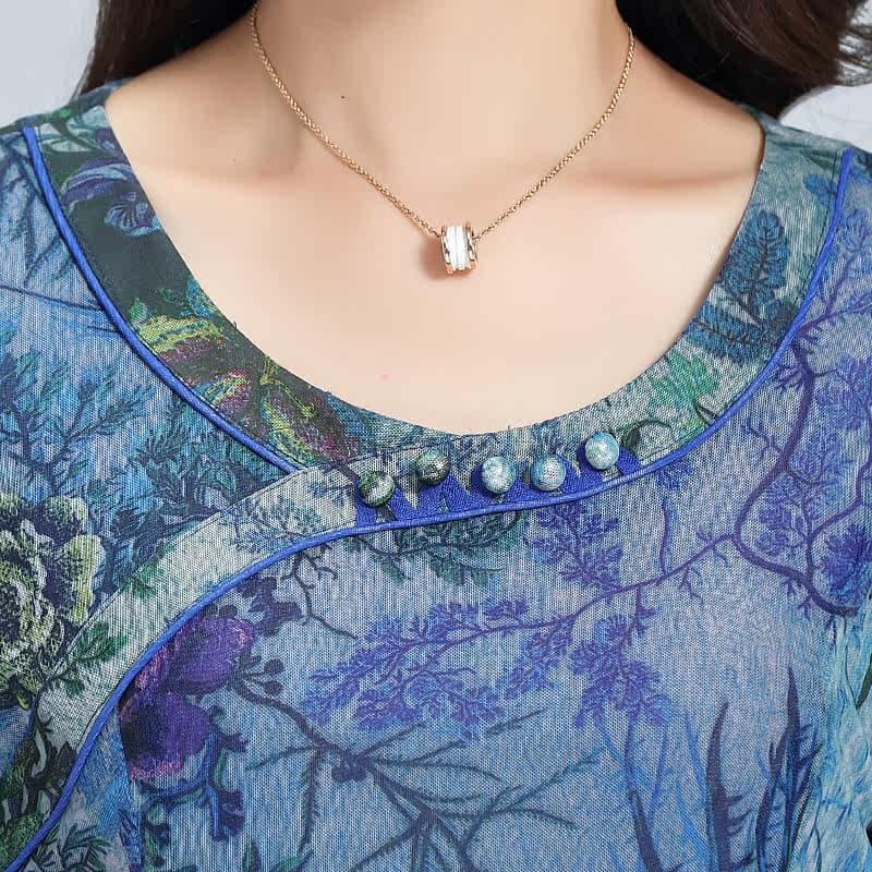 カジュアルドレス 花柄透け感シフォン半袖膝丈ワンピース