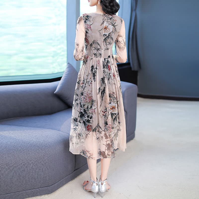 カジュアルドレス 水墨花柄シフォン七分袖膝丈ワンピース