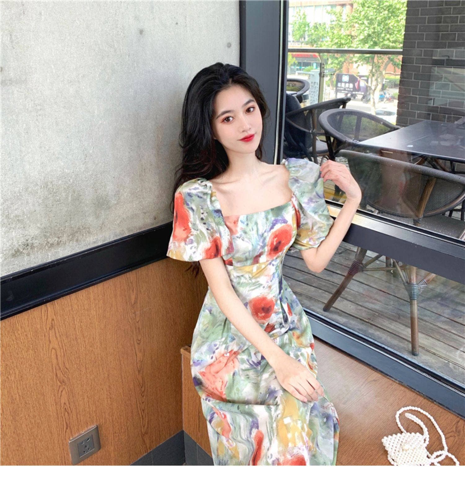 カジュアルドレス 水彩花柄パフスリーブロング丈ワンピース