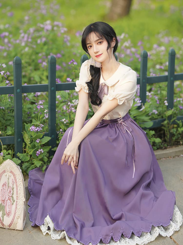 カジュアルドレス パフスリーブリボン付きロングボリュームスカートワンピース