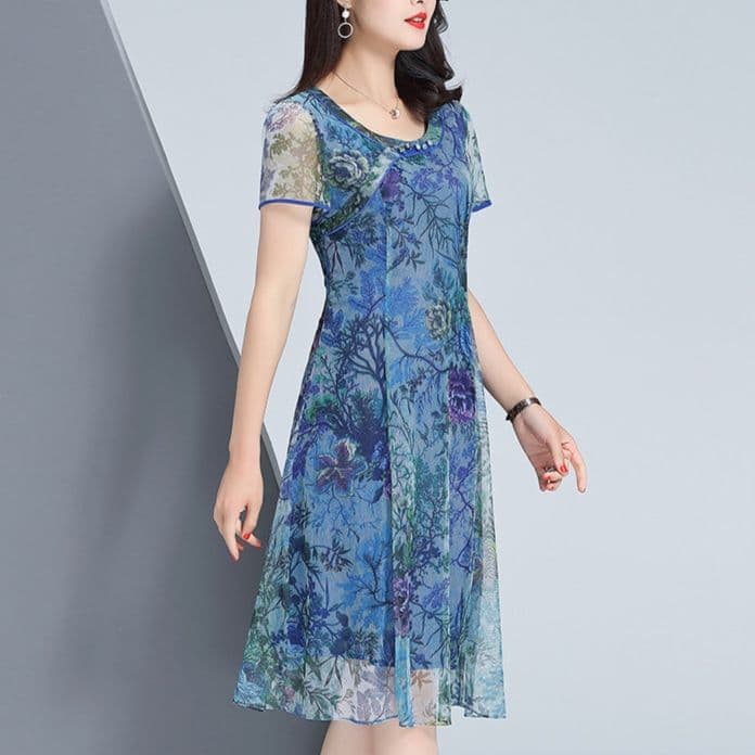 カジュアルドレス 花柄透け感シフォン半袖膝丈ワンピース