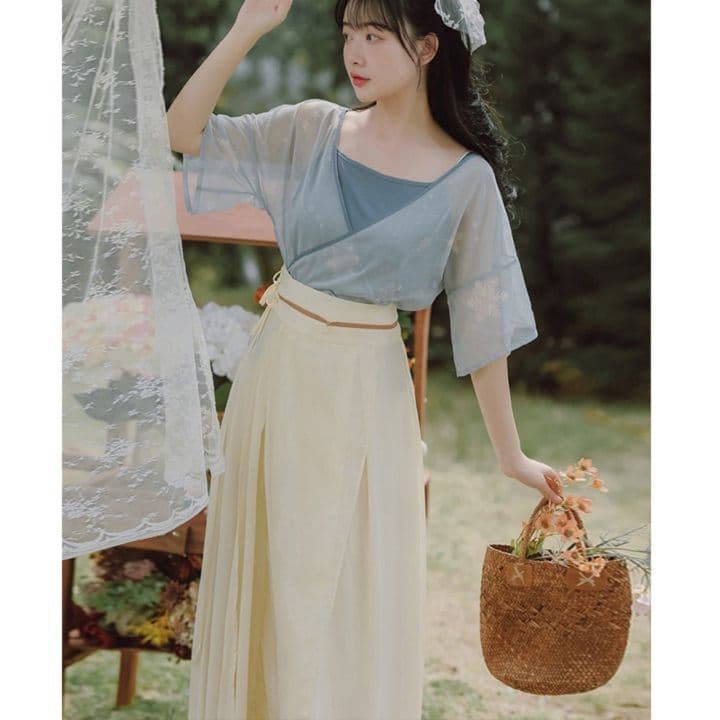 カジュアルドレス 花柄シフォンブラウス重ね着風ハイウエストワンピース