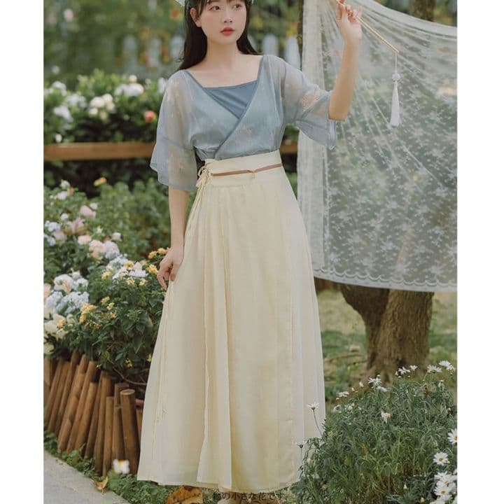 カジュアルドレス 花柄シフォンブラウス重ね着風ハイウエストワンピース