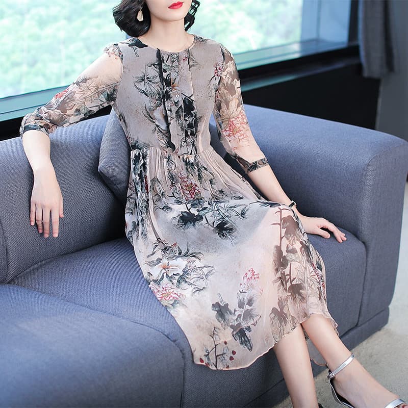 カジュアルドレス 水墨花柄シフォン七分袖膝丈ワンピース