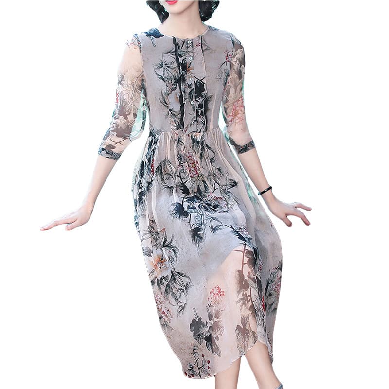 カジュアルドレス 水墨花柄シフォン七分袖膝丈ワンピース
