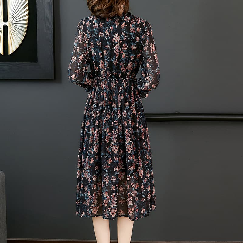 カジュアルドレス 花柄シフォン長袖リボンネック膝丈ワンピース