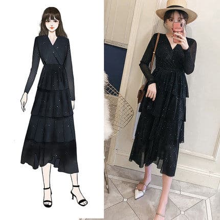 カジュアルドレス ラメ入りシフォン裾フリルミディ丈ワンピース