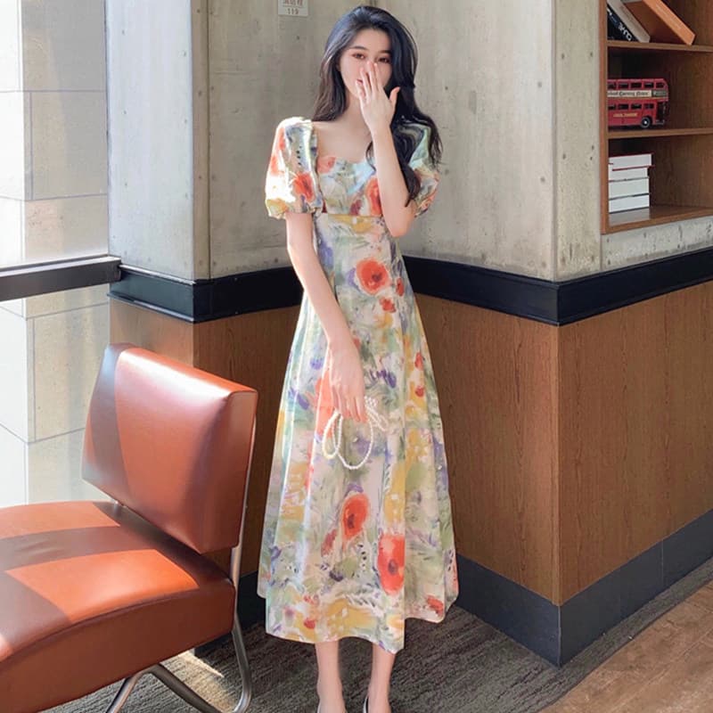 カジュアルドレス 水彩花柄パフスリーブロング丈ワンピース