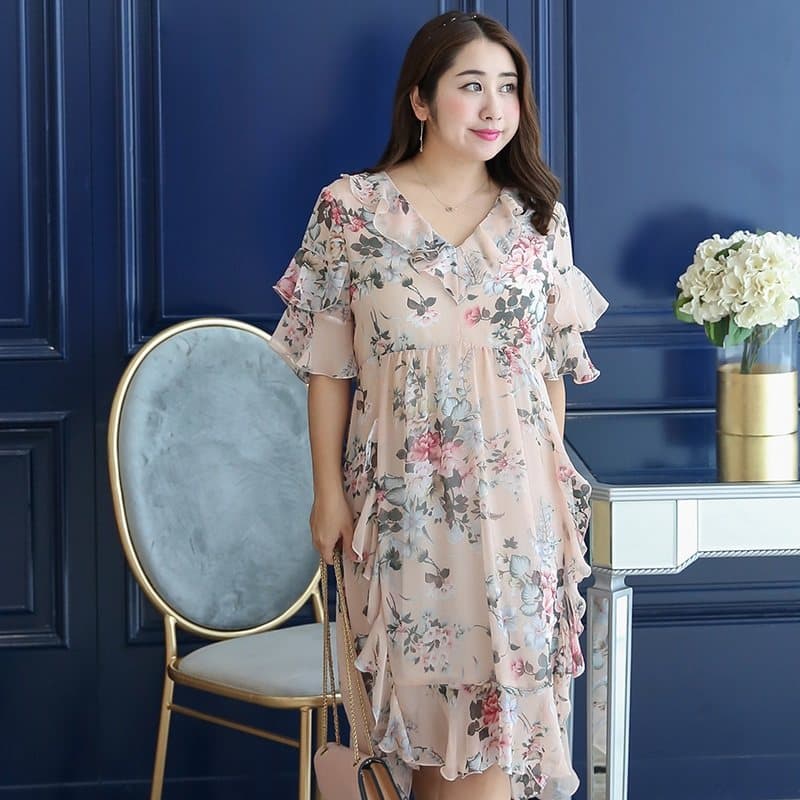 カジュアルドレス 花柄シフォンフリル袖ハイウエストワンピース