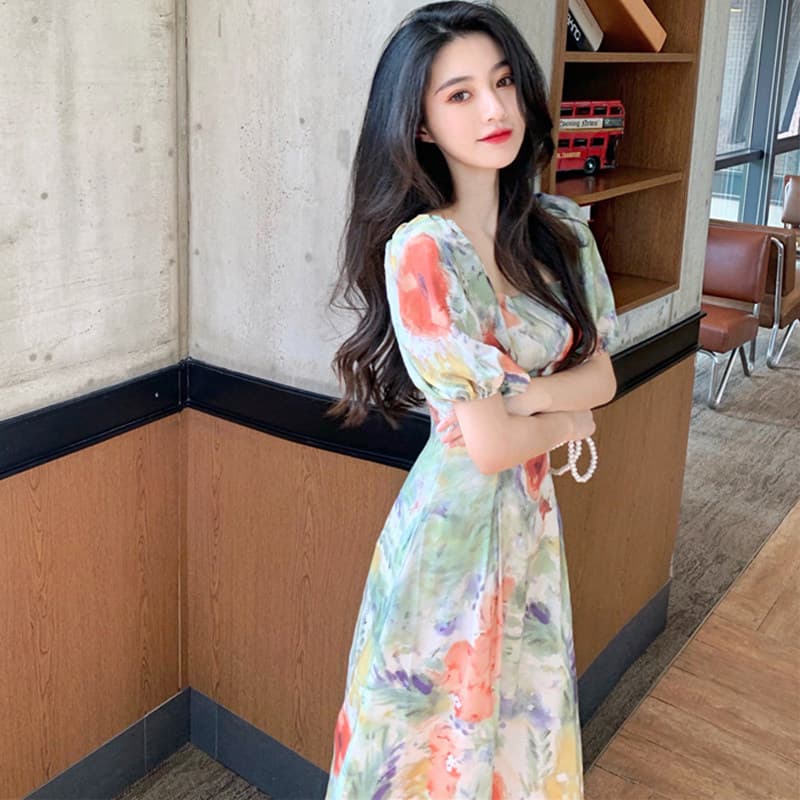 カジュアルドレス 水彩花柄パフスリーブロング丈ワンピース