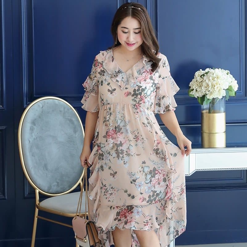 カジュアルドレス 花柄シフォンフリル袖ハイウエストワンピース