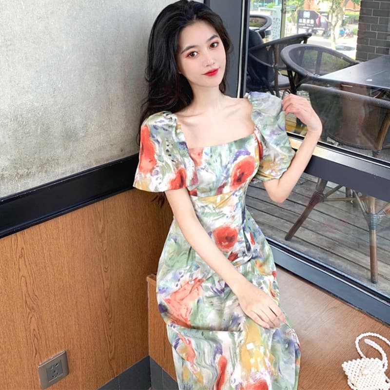 カジュアルドレス 水彩花柄パフスリーブロング丈ワンピース