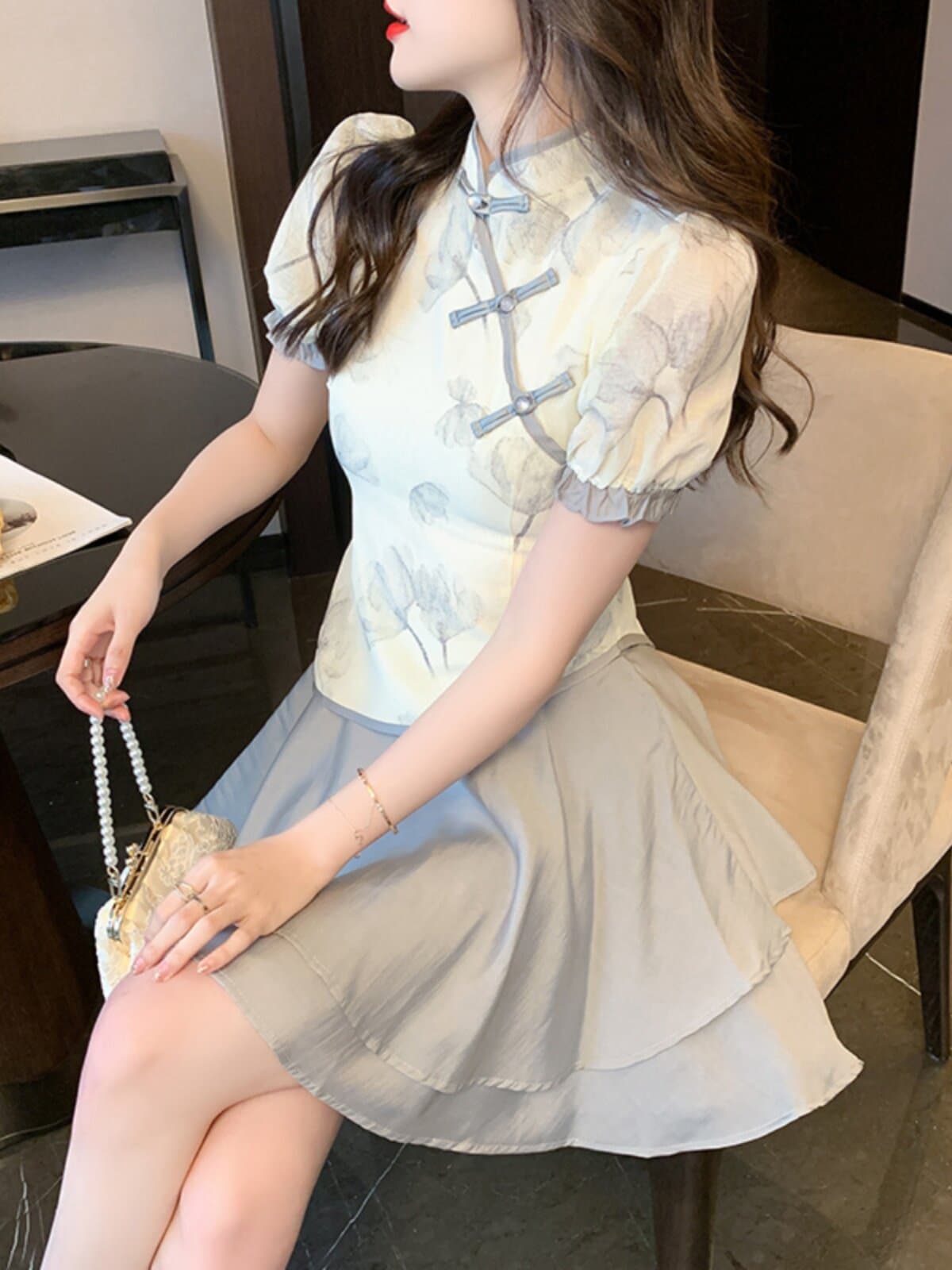 カジュアルドレス チャイナ風ボタン装飾シフォンフレアワンピース