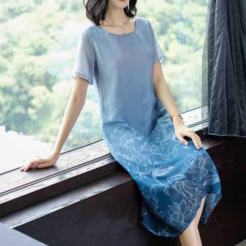カジュアルドレス 花柄刺繍シフォン袖切替ゆったりシルエットワンピース