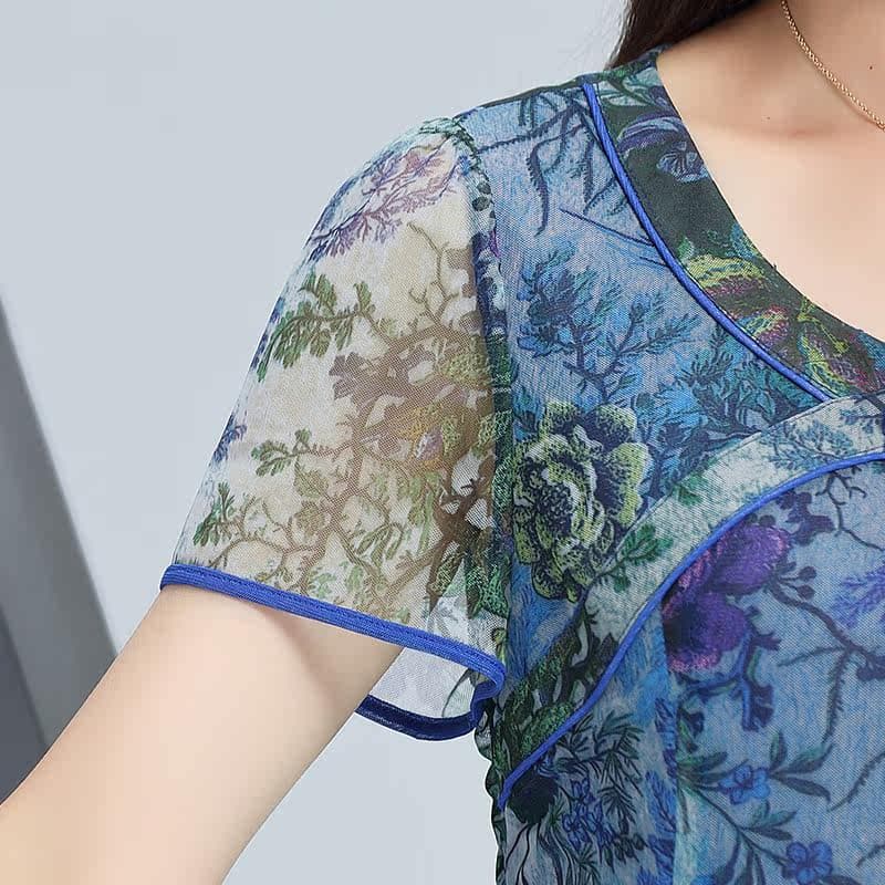 カジュアルドレス 花柄透け感シフォン半袖膝丈ワンピース