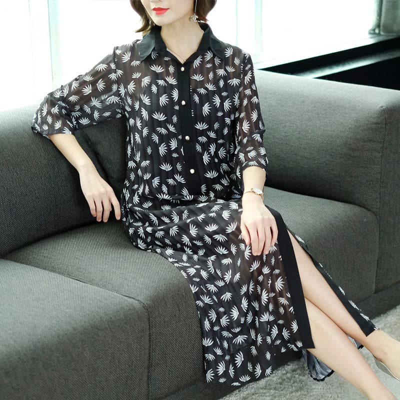 カジュアルドレス 小花柄シフォン襟付き長袖シャツワンピース