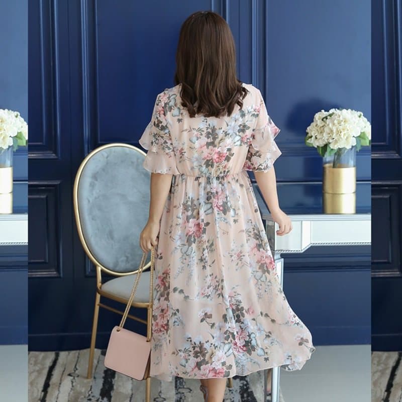 カジュアルドレス 花柄シフォンフリル袖ハイウエストワンピース