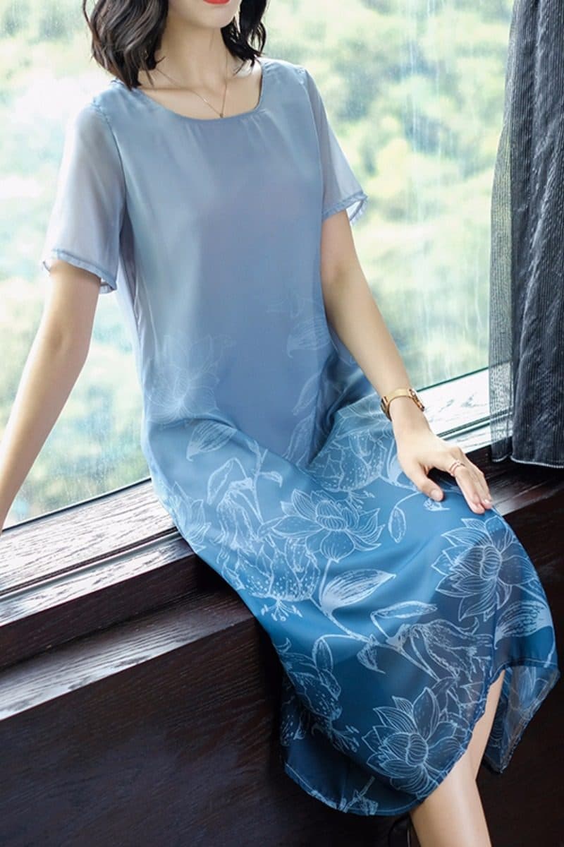 カジュアルドレス 花柄刺繍シフォン袖切替ゆったりシルエットワンピース