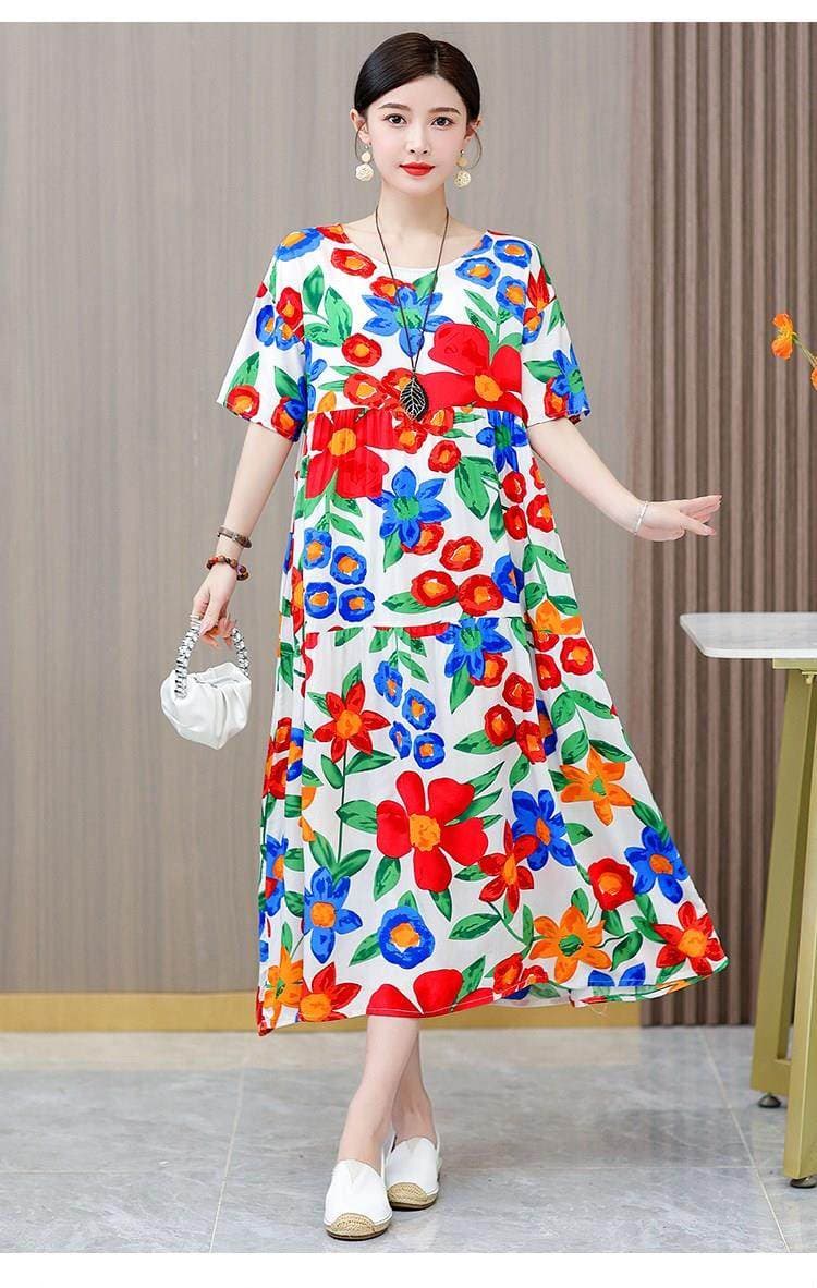 カジュアルドレス 小花柄丸首半袖ティアード切替ロング丈ワンピース