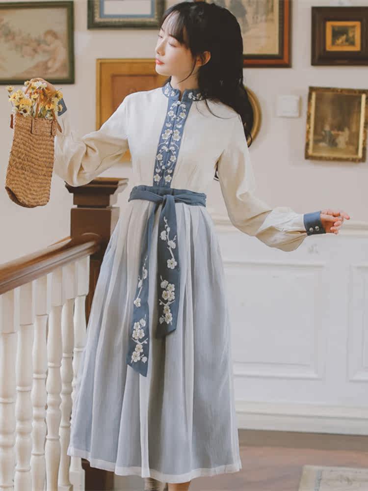 カジュアルドレス 花刺繍スタンドカラー中華風ロング丈ワンピース