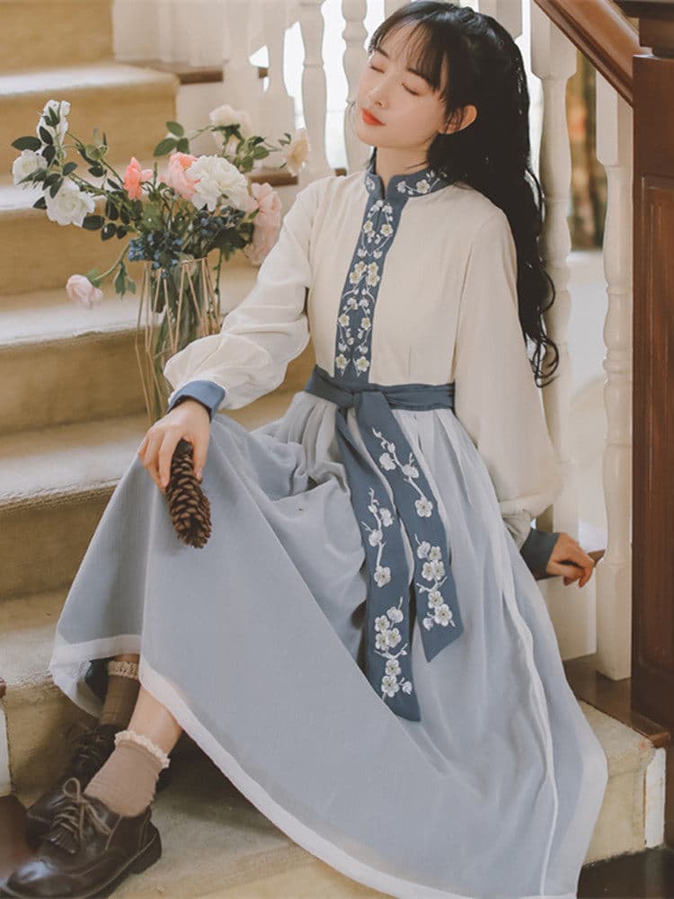 カジュアルドレス 花刺繍スタンドカラー中華風ロング丈ワンピース