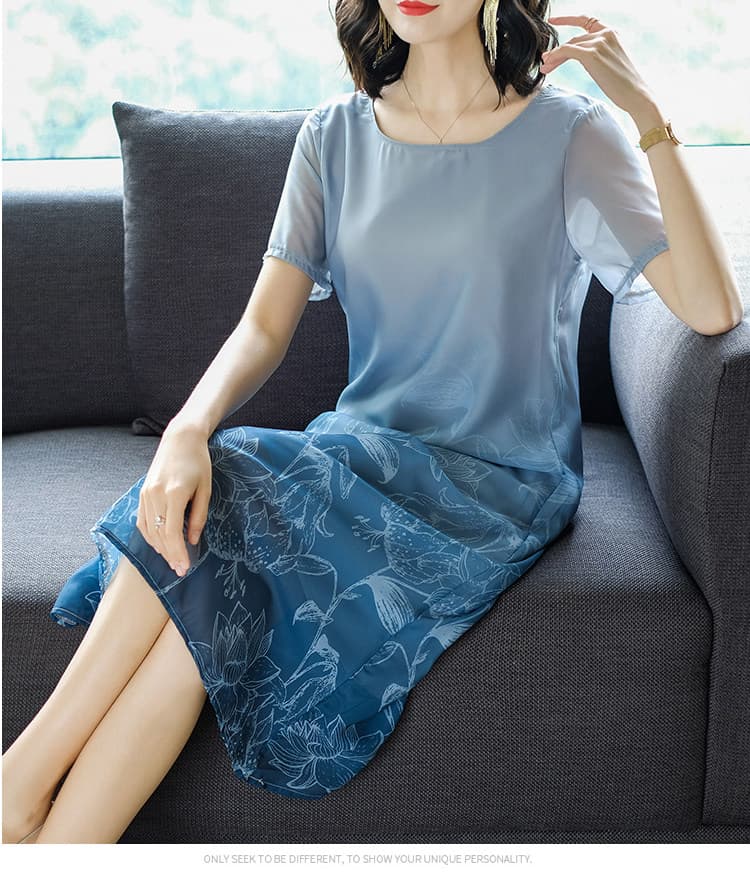 カジュアルドレス 花柄刺繍シフォン袖切替ゆったりシルエットワンピース