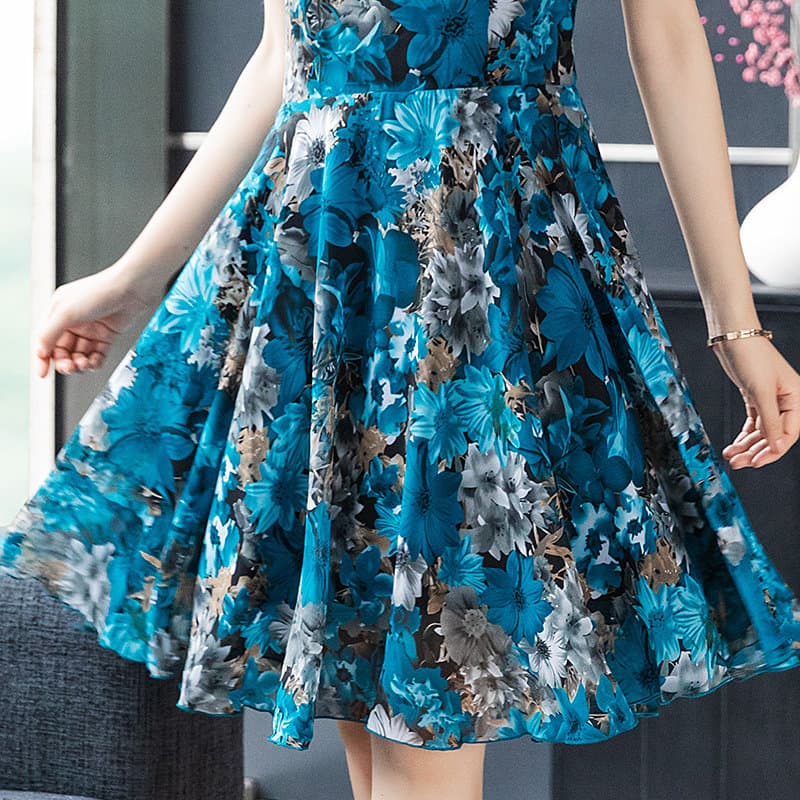 カジュアルドレス 花柄シフォン五分袖フレアワンピース