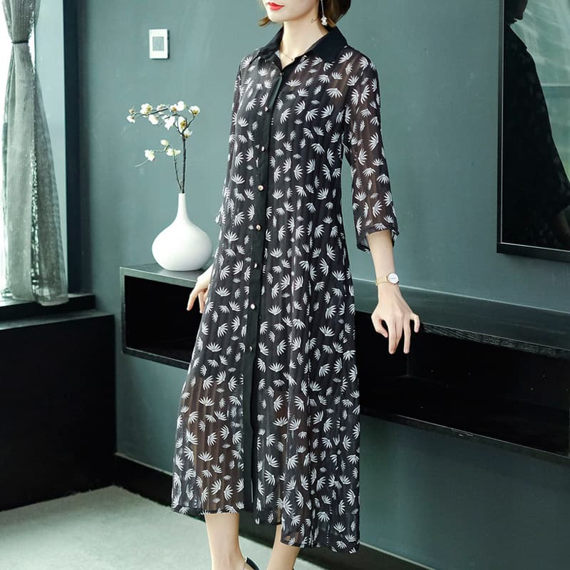 カジュアルドレス 小花柄シフォン襟付き長袖シャツワンピース