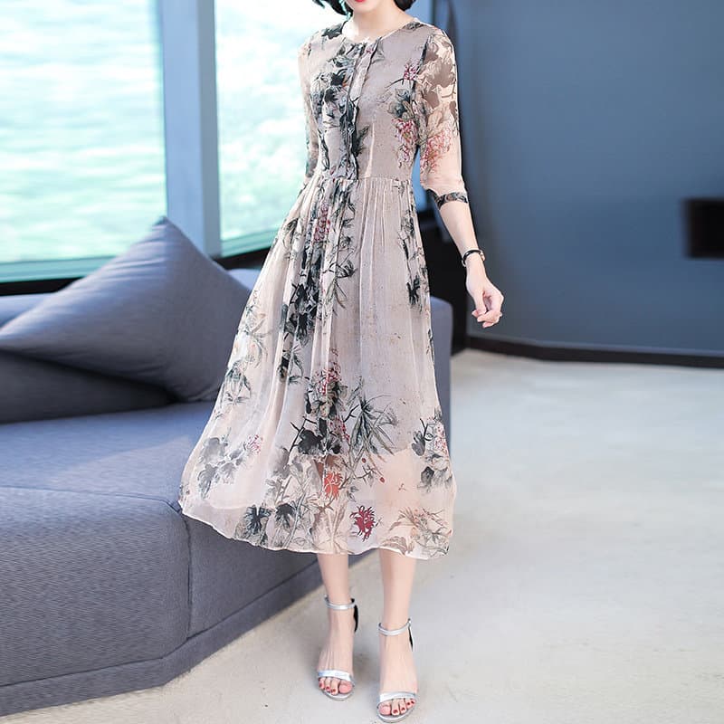 カジュアルドレス 水墨花柄シフォン七分袖膝丈ワンピース