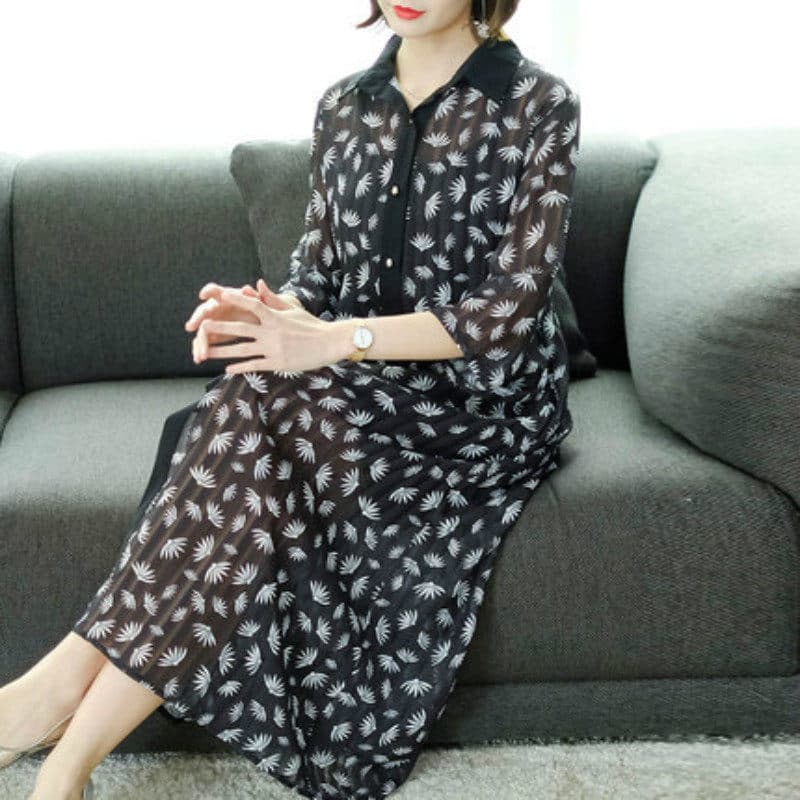 カジュアルドレス 小花柄シフォン襟付き長袖シャツワンピース